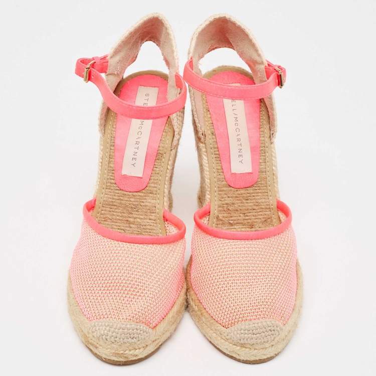 Pre Owned Stella McCartney Pink/Beige Mesh and Woven Canvas Wedge Espadrille Ankle Strap Sandals Size 38