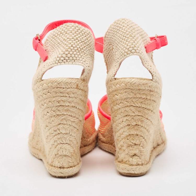 Pre Owned Stella McCartney Pink/Beige Mesh and Woven Canvas Wedge Espadrille Ankle Strap Sandals Size 38