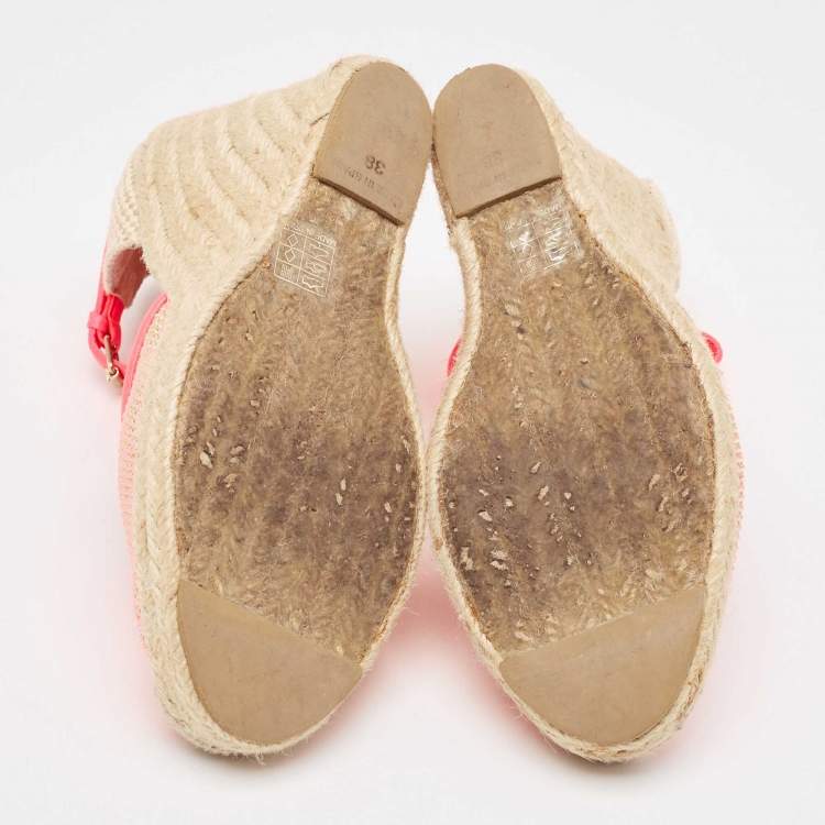 Pre Owned Stella McCartney Pink/Beige Mesh and Woven Canvas Wedge Espadrille Ankle Strap Sandals Size 38