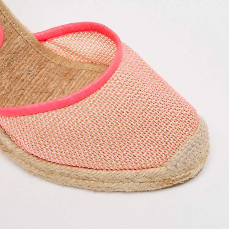 Pre Owned Stella McCartney Pink/Beige Mesh and Woven Canvas Wedge Espadrille Ankle Strap Sandals Size 38