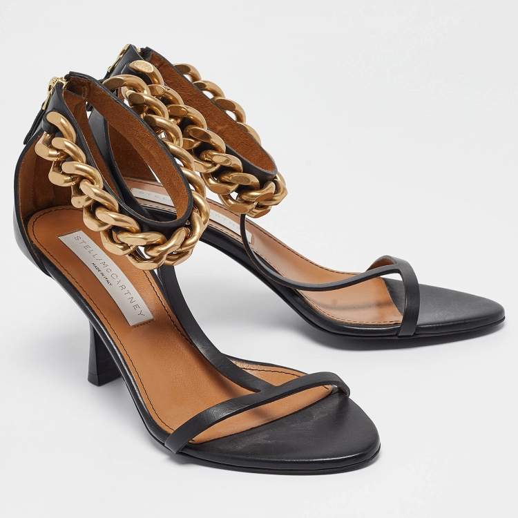 Pre Owned Stella McCartney Black Faux Leather Falabella T-Strap Sandals Size 38