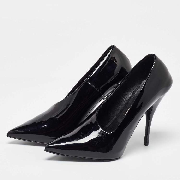 Pre Owned Stella McCartney Black Faux Patent Leather V Neck Pointed Toe Pumps Size 35
