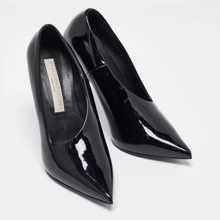 Pre Owned Stella McCartney Black Faux Patent Leather V Neck Pointed Toe Pumps Size 35