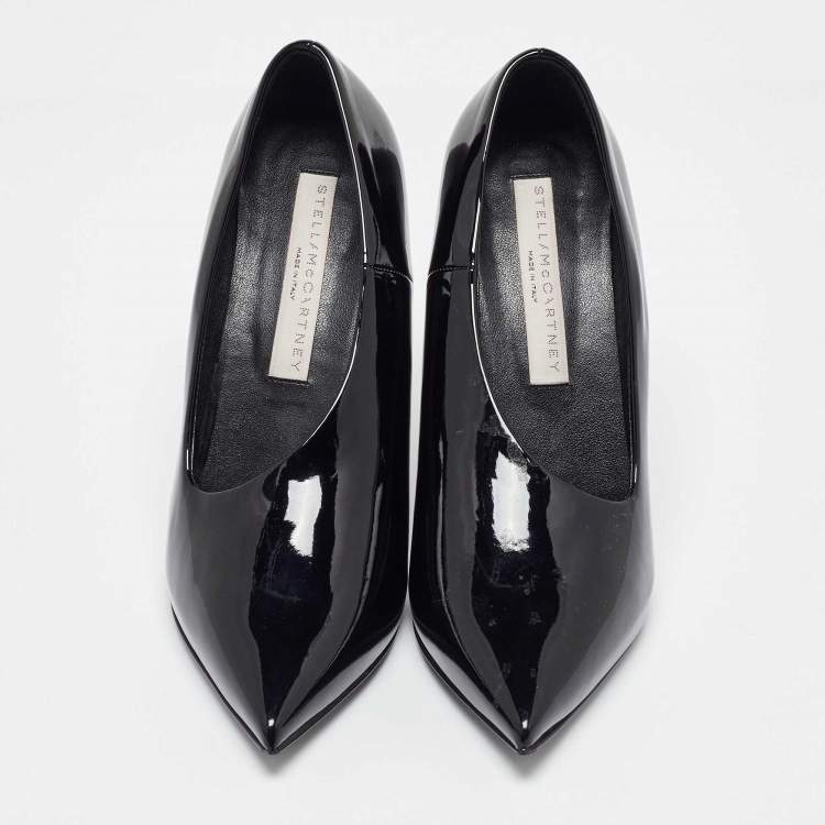 Pre Owned Stella McCartney Black Faux Patent Leather V Neck Pointed Toe Pumps Size 35