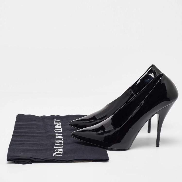 Pre Owned Stella McCartney Black Faux Patent Leather V Neck Pointed Toe Pumps Size 35