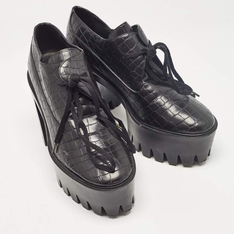Pre Owned Stella McCartney Black Croc Embossed Leather Ankle Length Boots Size 41