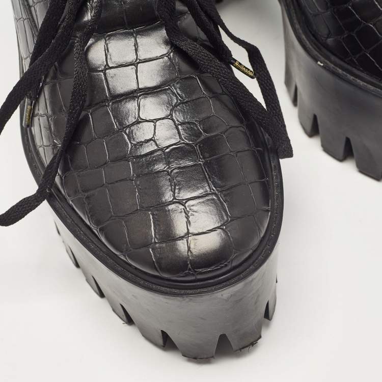 Pre Owned Stella McCartney Black Croc Embossed Leather Ankle Length Boots Size 41