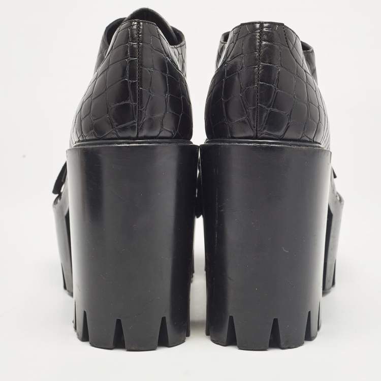 Pre Owned Stella McCartney Black Croc Embossed Leather Ankle Length Boots Size 41