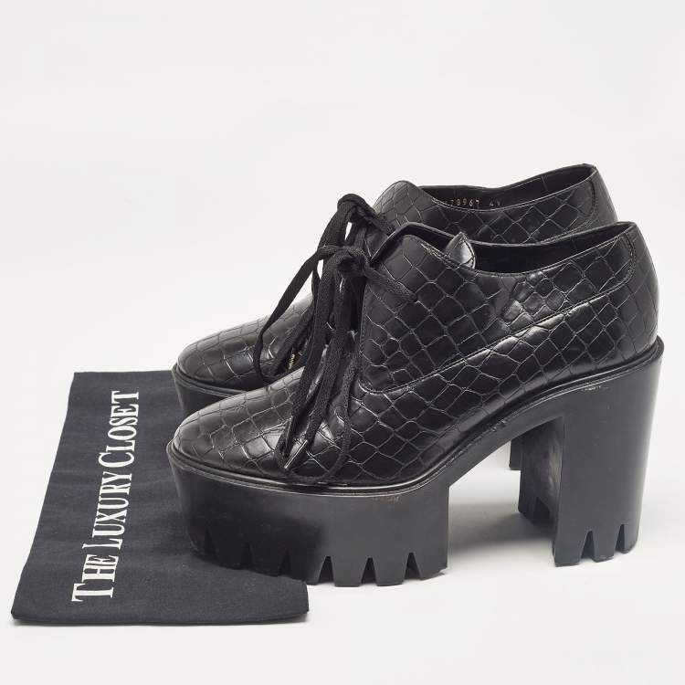 Pre Owned Stella McCartney Black Croc Embossed Leather Ankle Length Boots Size 41
