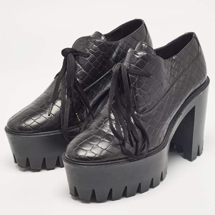 Pre Owned Stella McCartney Black Croc Embossed Leather Ankle Length Boots Size 41