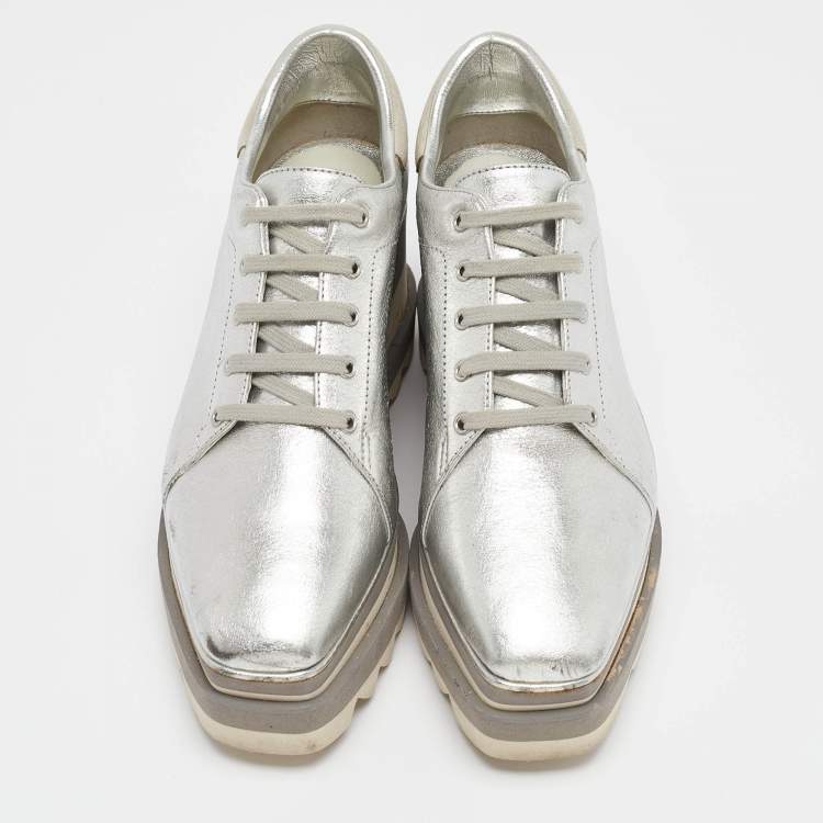 Pre Owned Stella McCartney Silver Faux Leather Elyse Wedge Sneakers Size 36