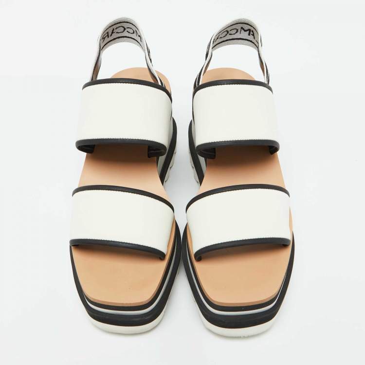 Pre Owned Stella McCartney White/Black Fabric Elyse Platform Wedge Sandals Size 37