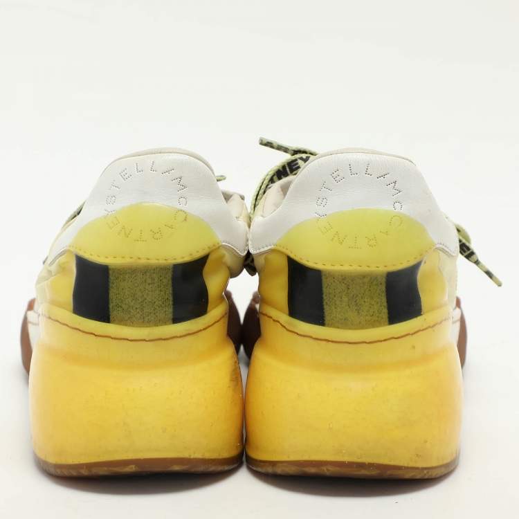 Pre Owned Stella McCartney White/Yellow Faux Leather and Neoprene Loop Low Top Sneakers Size 38
