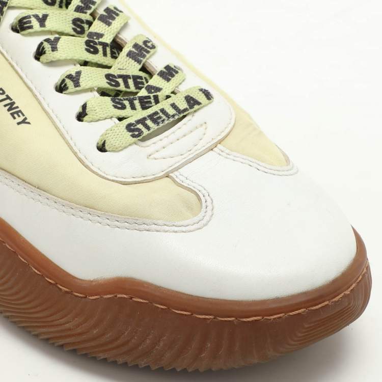 Pre Owned Stella McCartney White/Yellow Faux Leather and Neoprene Loop Low Top Sneakers Size 38