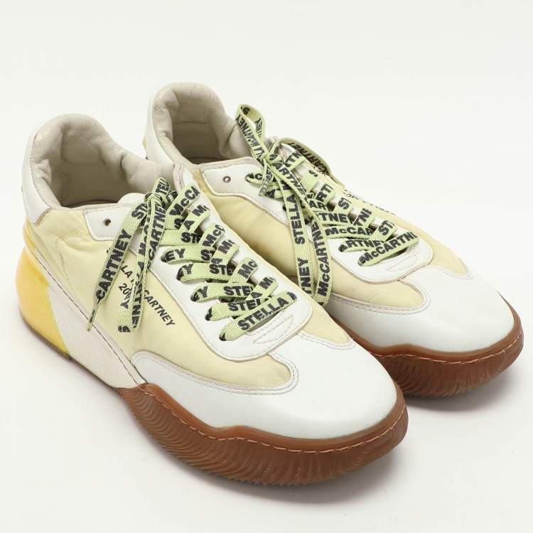 Pre Owned Stella McCartney White/Yellow Faux Leather and Neoprene Loop Low Top Sneakers Size 38
