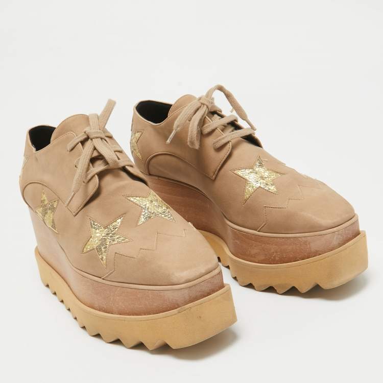 Pre Owned Stella McCartney Brown Nubuck Leather Elyse Star Wedge Sneakers Size 37