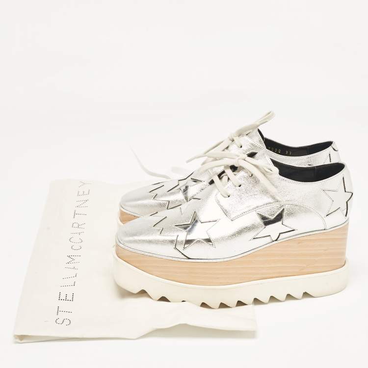 Pre Owned Stella McCartney Silver Faux Leather Elyse Star Platform Derby Sneakers Size 37