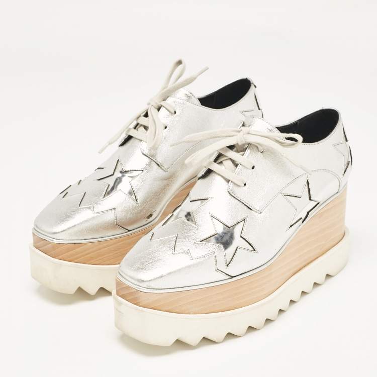 Pre Owned Stella McCartney Silver Faux Leather Elyse Star Platform Derby Sneakers Size 37