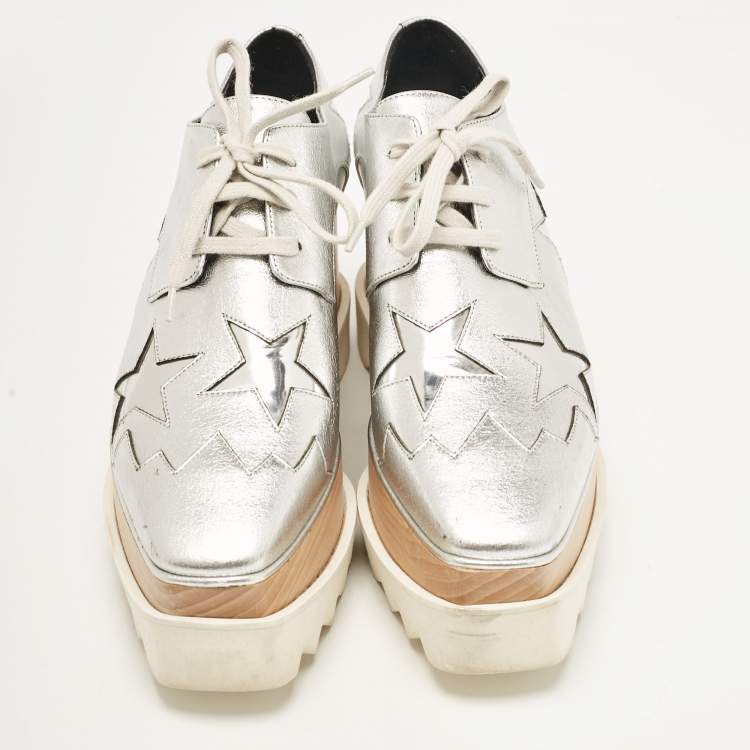 Pre Owned Stella McCartney Silver Faux Leather Elyse Star Platform Derby Sneakers Size 37