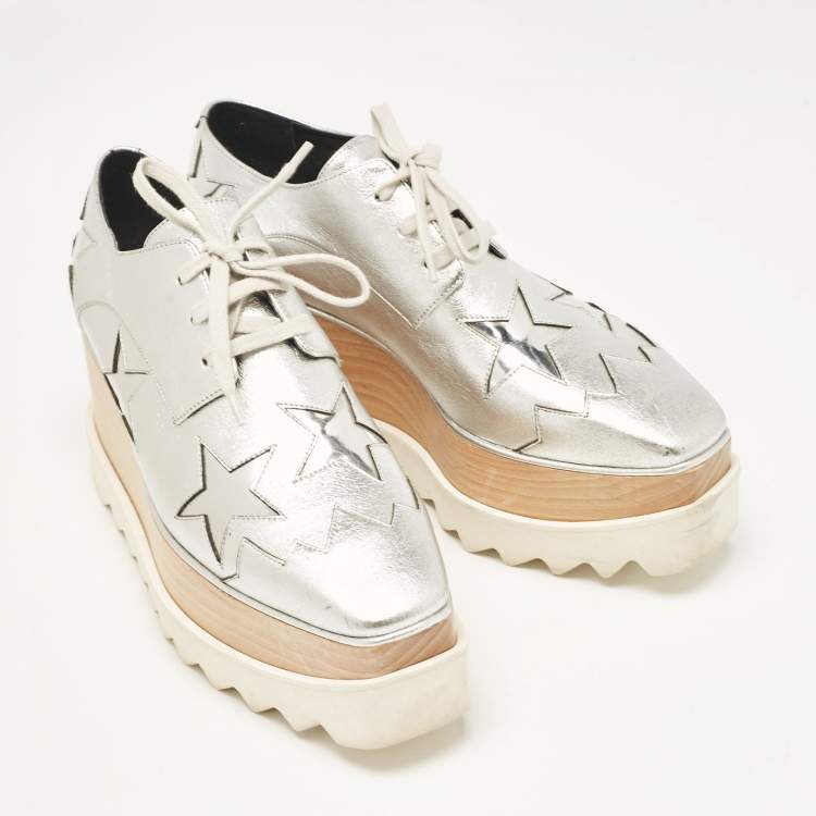Pre Owned Stella McCartney Silver Faux Leather Elyse Star Platform Derby Sneakers Size 37