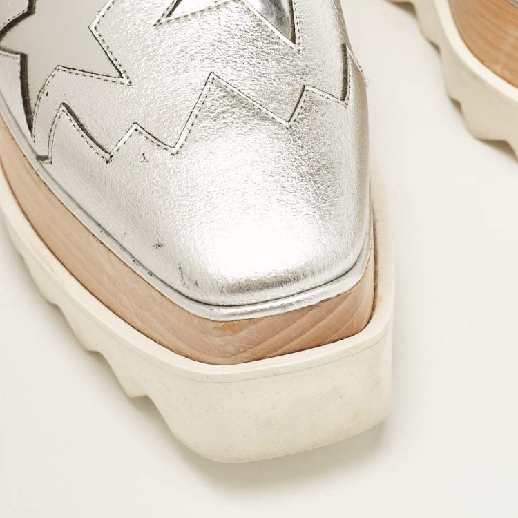 Pre Owned Stella McCartney Silver Faux Leather Elyse Star Platform Derby Sneakers Size 37