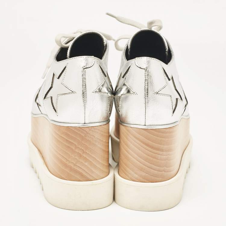 Pre Owned Stella McCartney Silver Faux Leather Elyse Star Platform Derby Sneakers Size 37