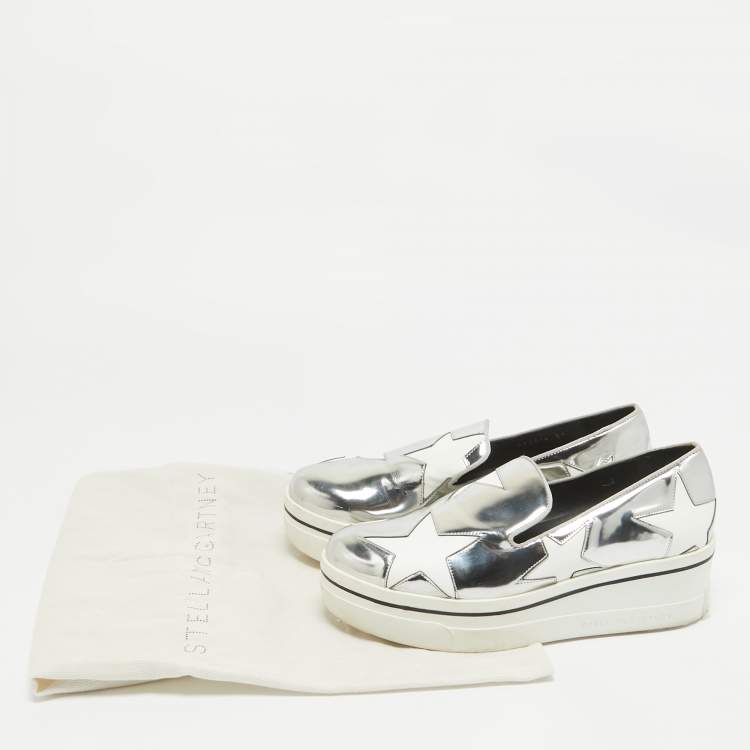 Pre Owned Stella McCartney Silver Faux Leather Binx Star Slip On Sneakers Size 37