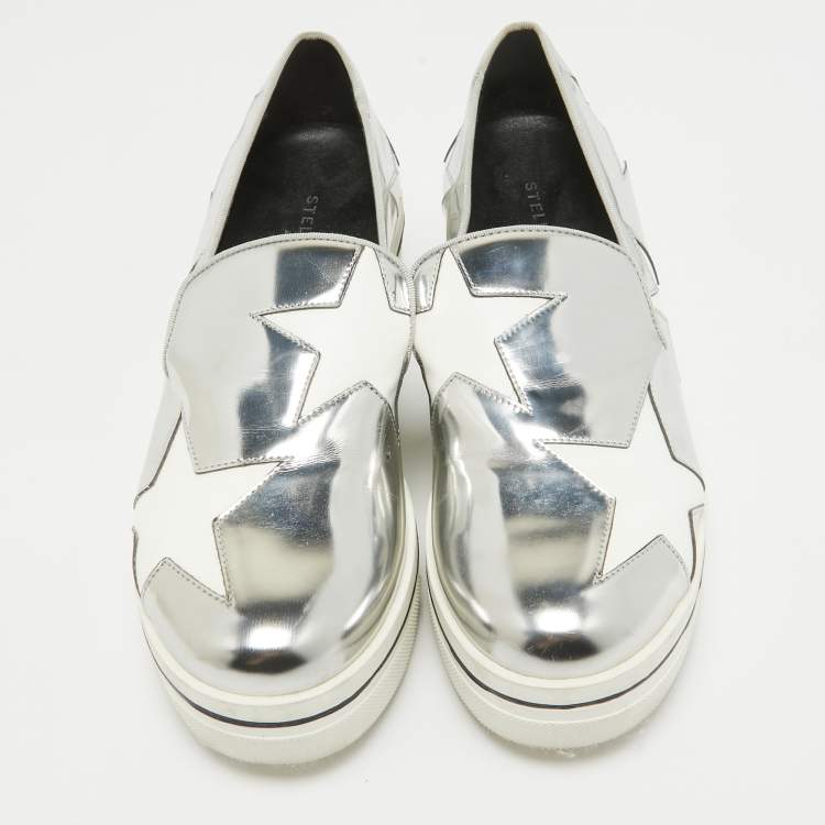 Pre Owned Stella McCartney Silver Faux Leather Binx Star Slip On Sneakers Size 37