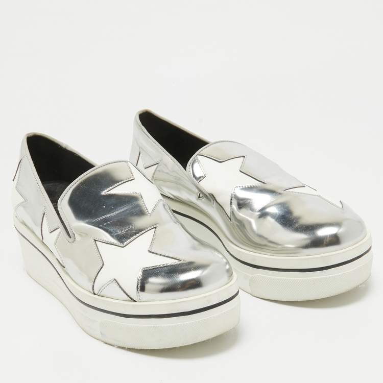 Pre Owned Stella McCartney Silver Faux Leather Binx Star Slip On Sneakers Size 37