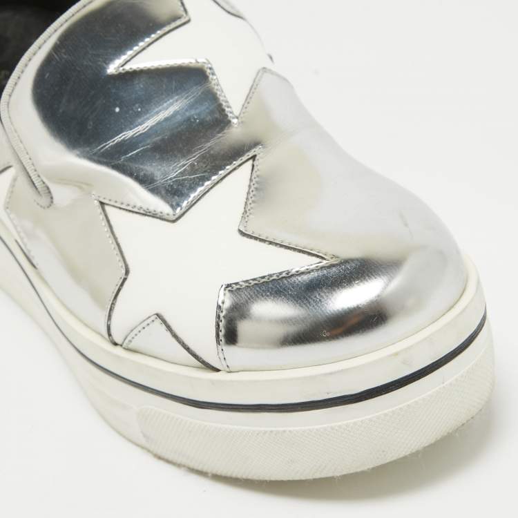 Pre Owned Stella McCartney Silver Faux Leather Binx Star Slip On Sneakers Size 37