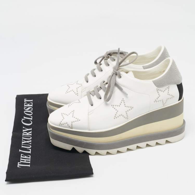 Pre Owned Stella McCartney White/Grey Faux Leather and Faux Suede Elyse Star Sneakers Size 36