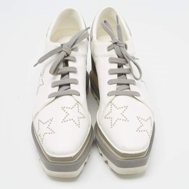Pre Owned Stella McCartney White/Grey Faux Leather and Faux Suede Elyse Star Sneakers Size 36