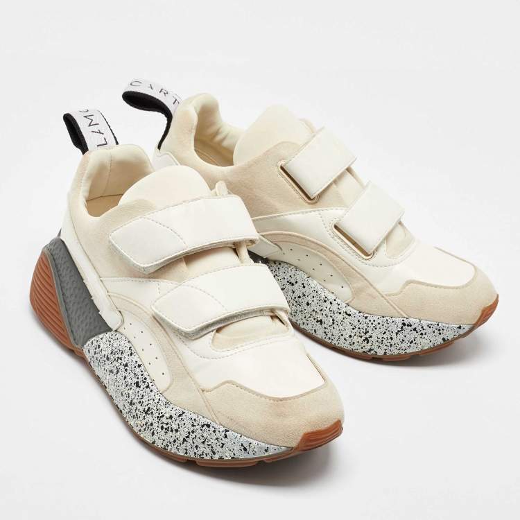 Pre Owned Stella McCartney Cream/White Faux Suede And Faux Leather Eclypse Velcro Strap Sneakers Size 39
