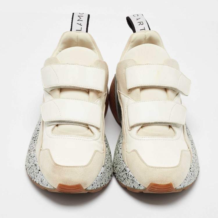 Pre Owned Stella McCartney Cream/White Faux Suede And Faux Leather Eclypse Velcro Strap Sneakers Size 39