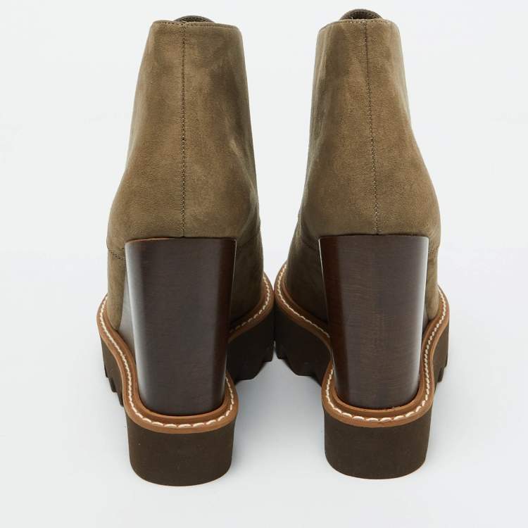 Pre Owned Stella McCartney Olive Green Faux Leather Leana Wedge Boots Size 39