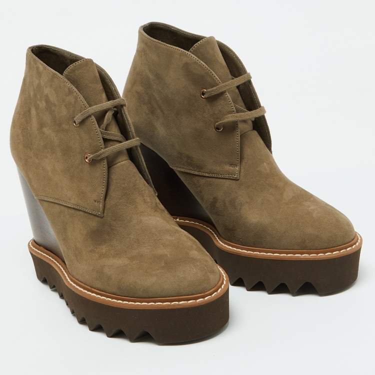Pre Owned Stella McCartney Olive Green Faux Leather Leana Wedge Boots Size 39