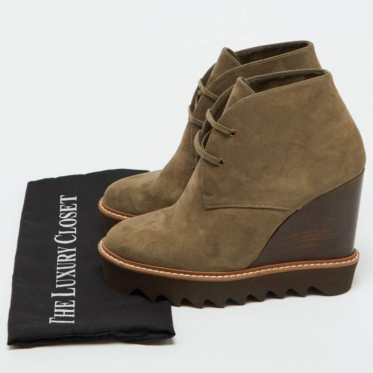 Pre Owned Stella McCartney Olive Green Faux Leather Leana Wedge Boots Size 39