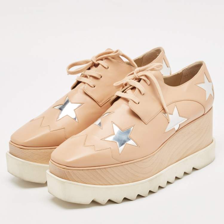 Pre Owned Stella McCartney Beige Faux Leather Elyse Star Wedge Sneakers Size 41