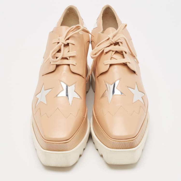 Pre Owned Stella McCartney Beige Faux Leather Elyse Star Wedge Sneakers Size 41