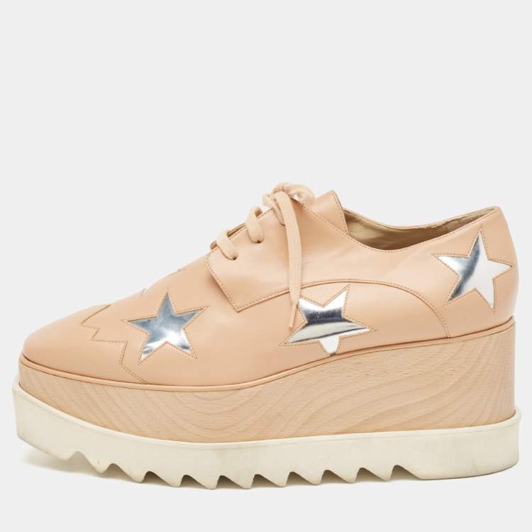 Pre Owned Stella McCartney Beige Faux Leather Elyse Star Wedge Sneakers Size 41