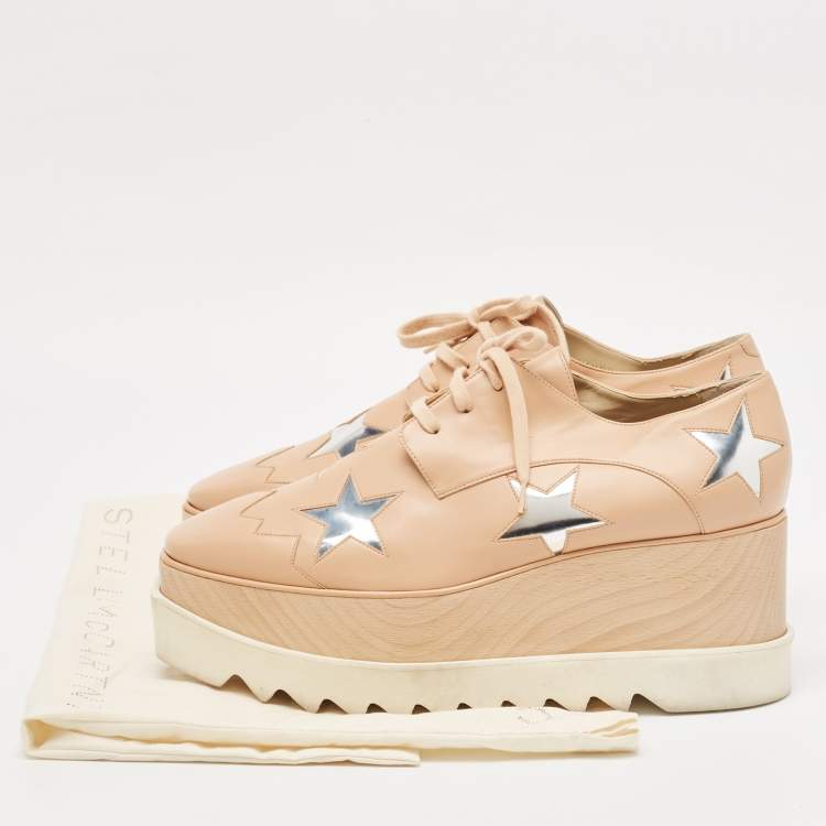 Pre Owned Stella McCartney Beige Faux Leather Elyse Star Wedge Sneakers Size 41