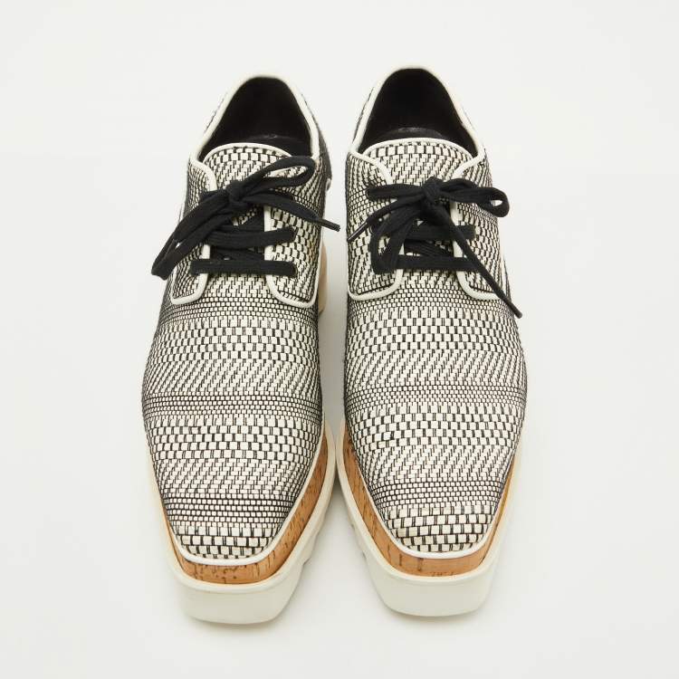 Pre Owned Stella McCartney White/Black Woven Faux Leather Elyse Platform Derby Sneakers Size 38
