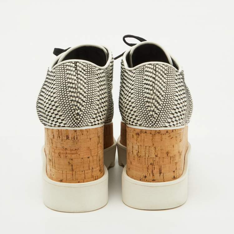 Pre Owned Stella McCartney White/Black Woven Faux Leather Elyse Platform Derby Sneakers Size 38