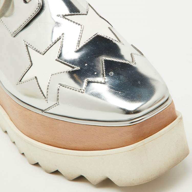 Pre Owned Stella McCartney Silver/White Faux Leather Elyse Star Platform Derby Sneakers Size 36