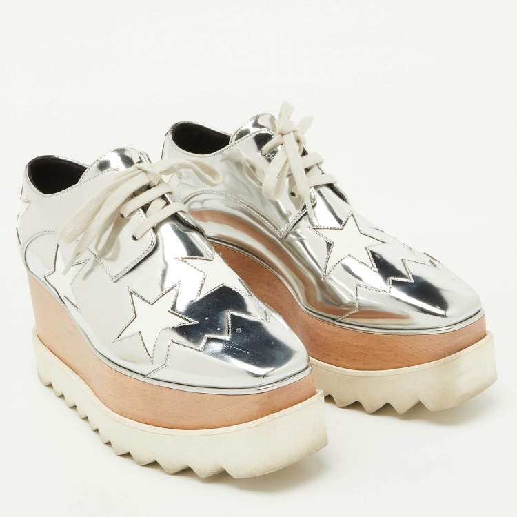 Pre Owned Stella McCartney Silver/White Faux Leather Elyse Star Platform Derby Sneakers Size 36
