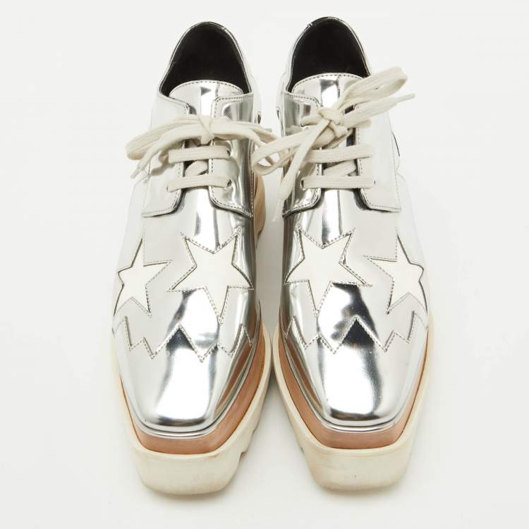 Pre Owned Stella McCartney Silver/White Faux Leather Elyse Star Platform Derby Sneakers Size 36
