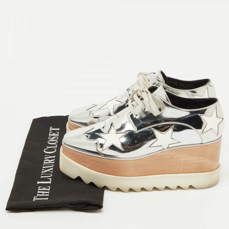 Pre Owned Stella McCartney Silver/White Faux Leather Elyse Star Platform Derby Sneakers Size 36