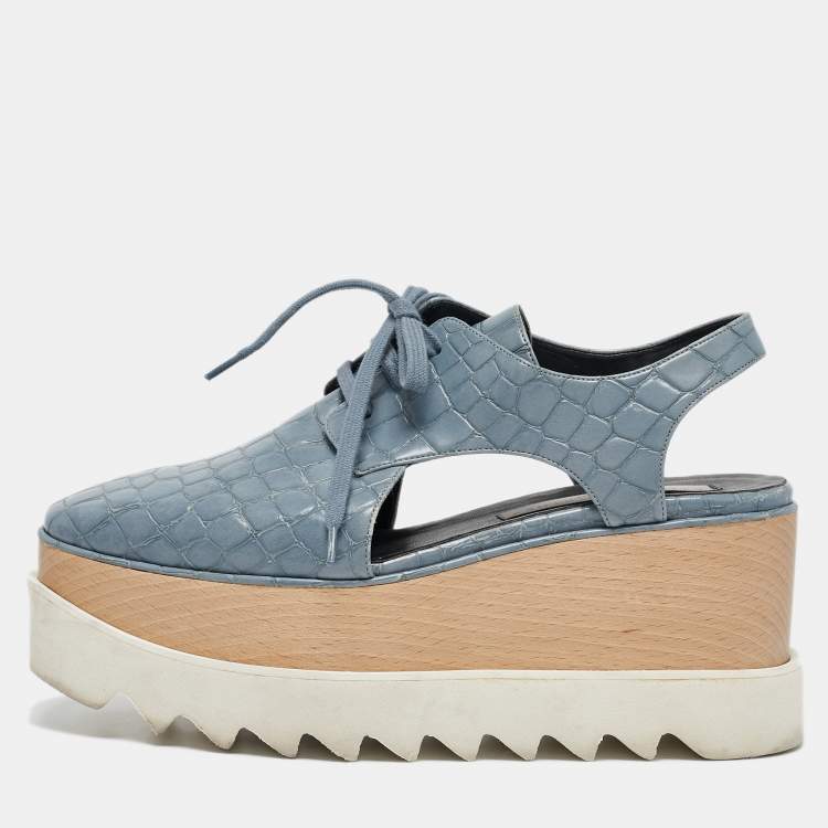 Pre Owned Stella McCartney Blue Croc Embossed Leather Elyse Cut Out Platform Derby Sneakers Size 37