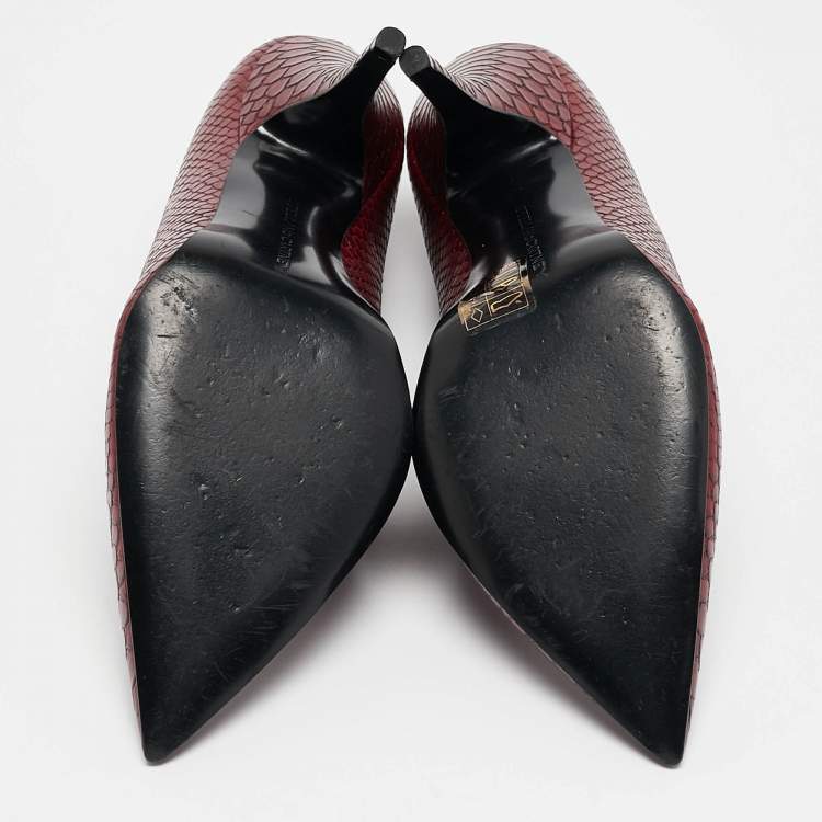 Pre Owned Stella McCartney Red Python Embossed Leather  V Neck Pointed Toe Pumps Size 37