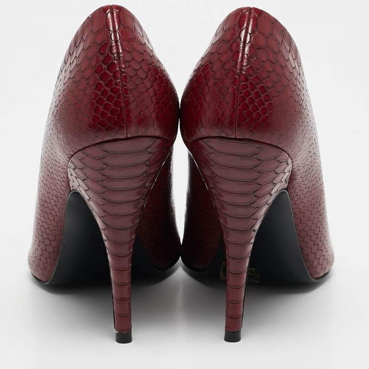 Pre Owned Stella McCartney Red Python Embossed Leather  V Neck Pointed Toe Pumps Size 37